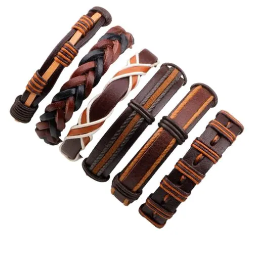 Classy Men Brown Leather Bracelet Set