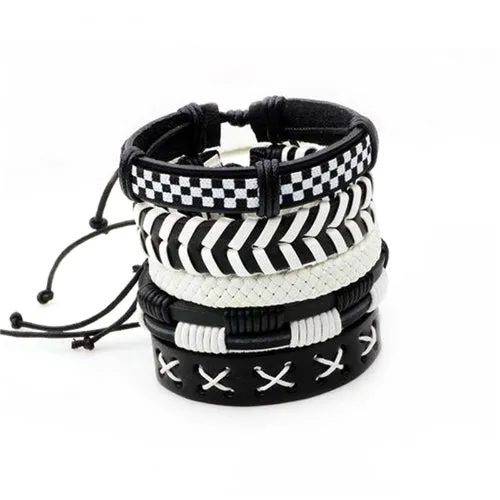 Classy Men White & Black Leather Bracelet Set