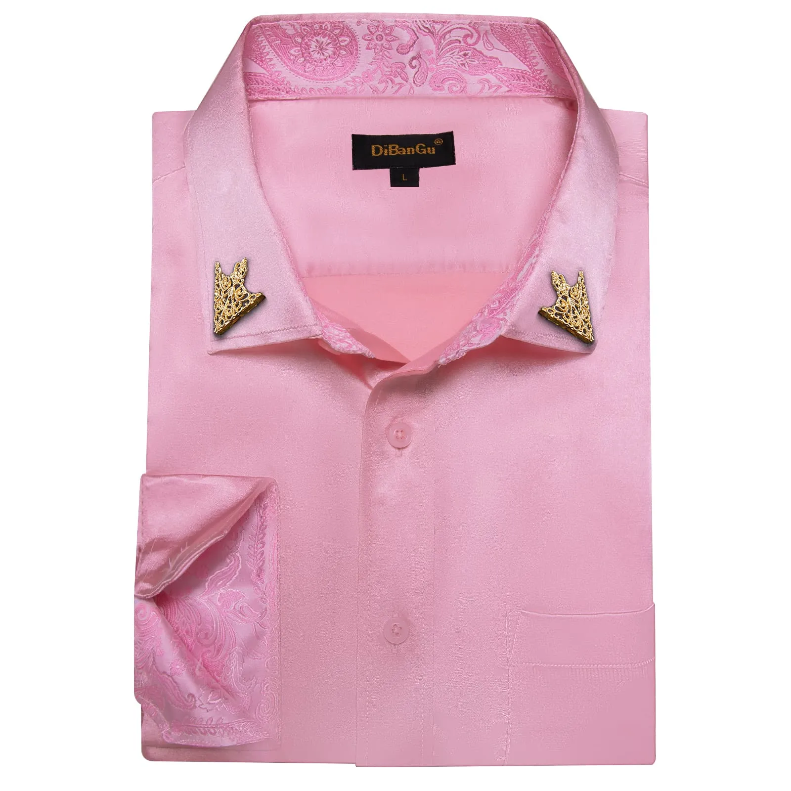 DiBanGu Tuxedo Shirt Light Thulian Pink Solid Satin Silk Button Up Long Sleeve Men's Dress Shirt