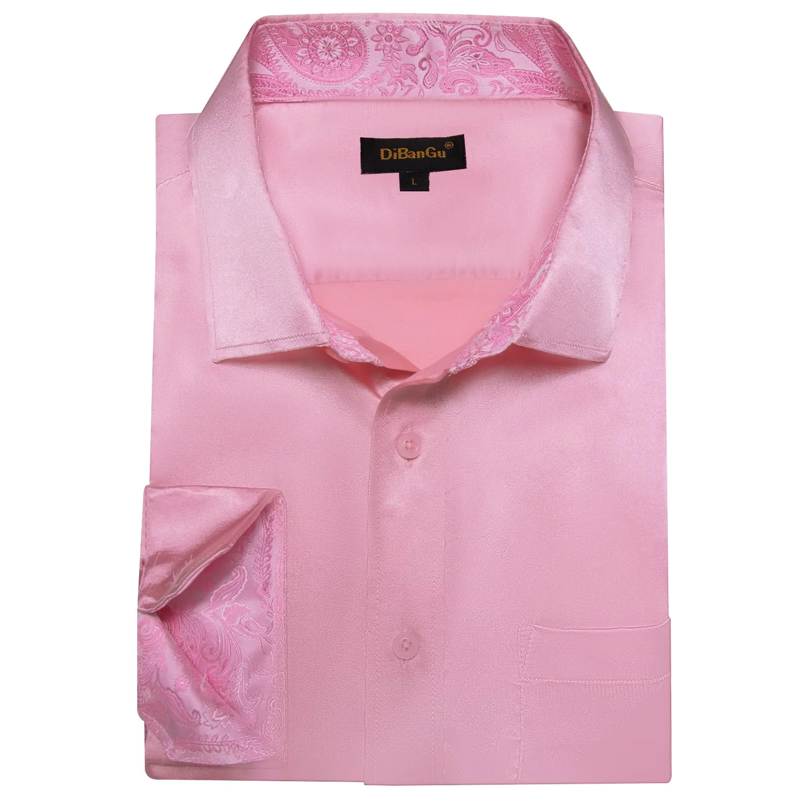 DiBanGu Tuxedo Shirt Light Thulian Pink Solid Satin Silk Button Up Long Sleeve Men's Dress Shirt