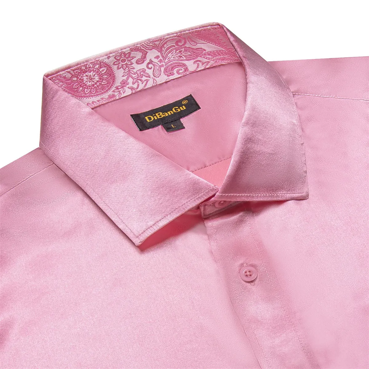 DiBanGu Tuxedo Shirt Light Thulian Pink Solid Satin Silk Button Up Long Sleeve Men's Dress Shirt