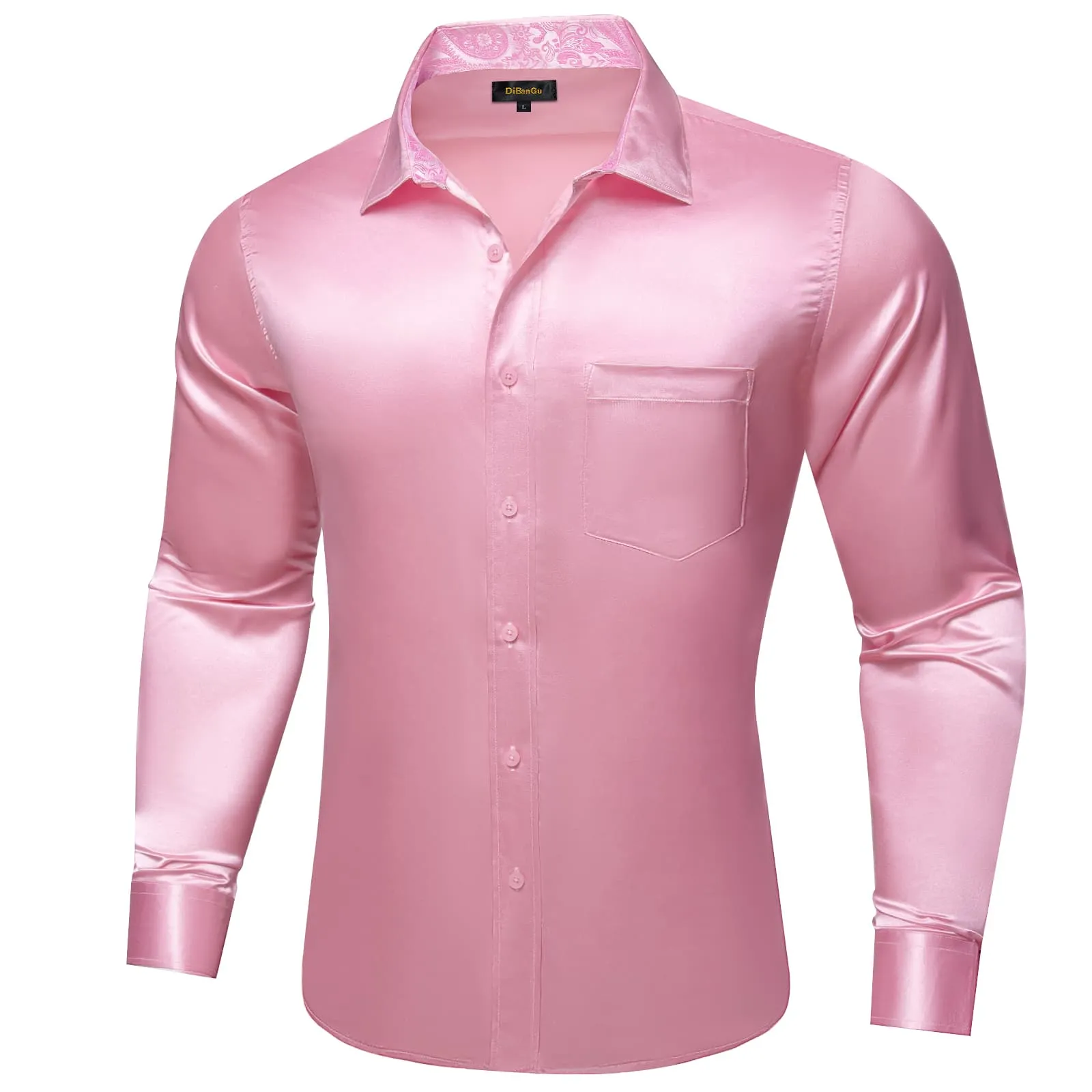 DiBanGu Tuxedo Shirt Light Thulian Pink Solid Satin Silk Button Up Long Sleeve Men's Dress Shirt