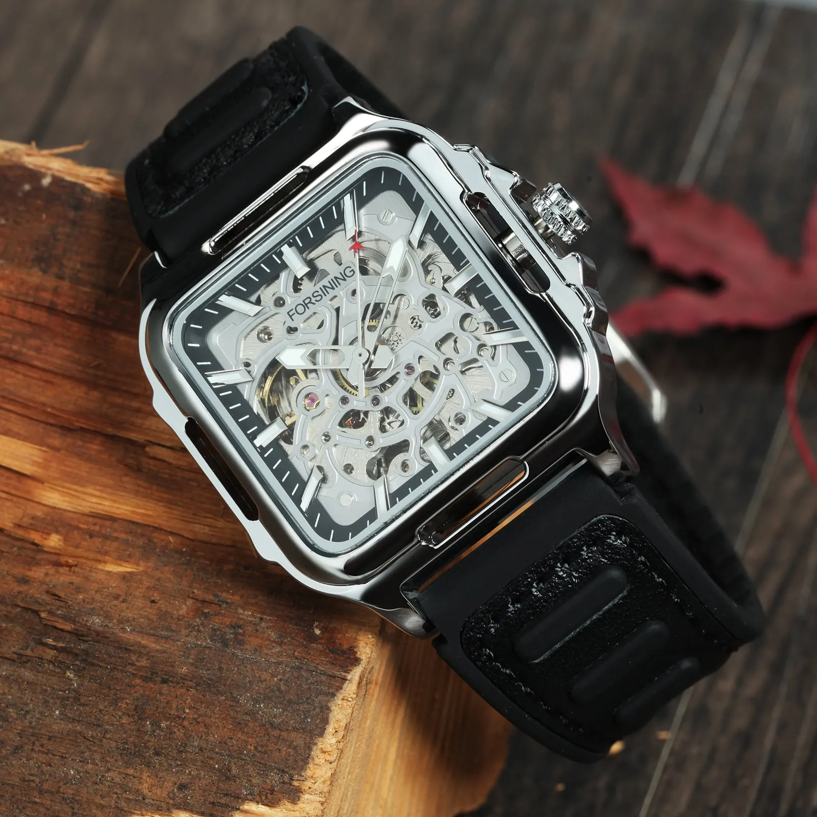 Fashion Transparent Skeleton Automatic Mechanical Watch for Men Sports Rubber Leather Strap FS 140