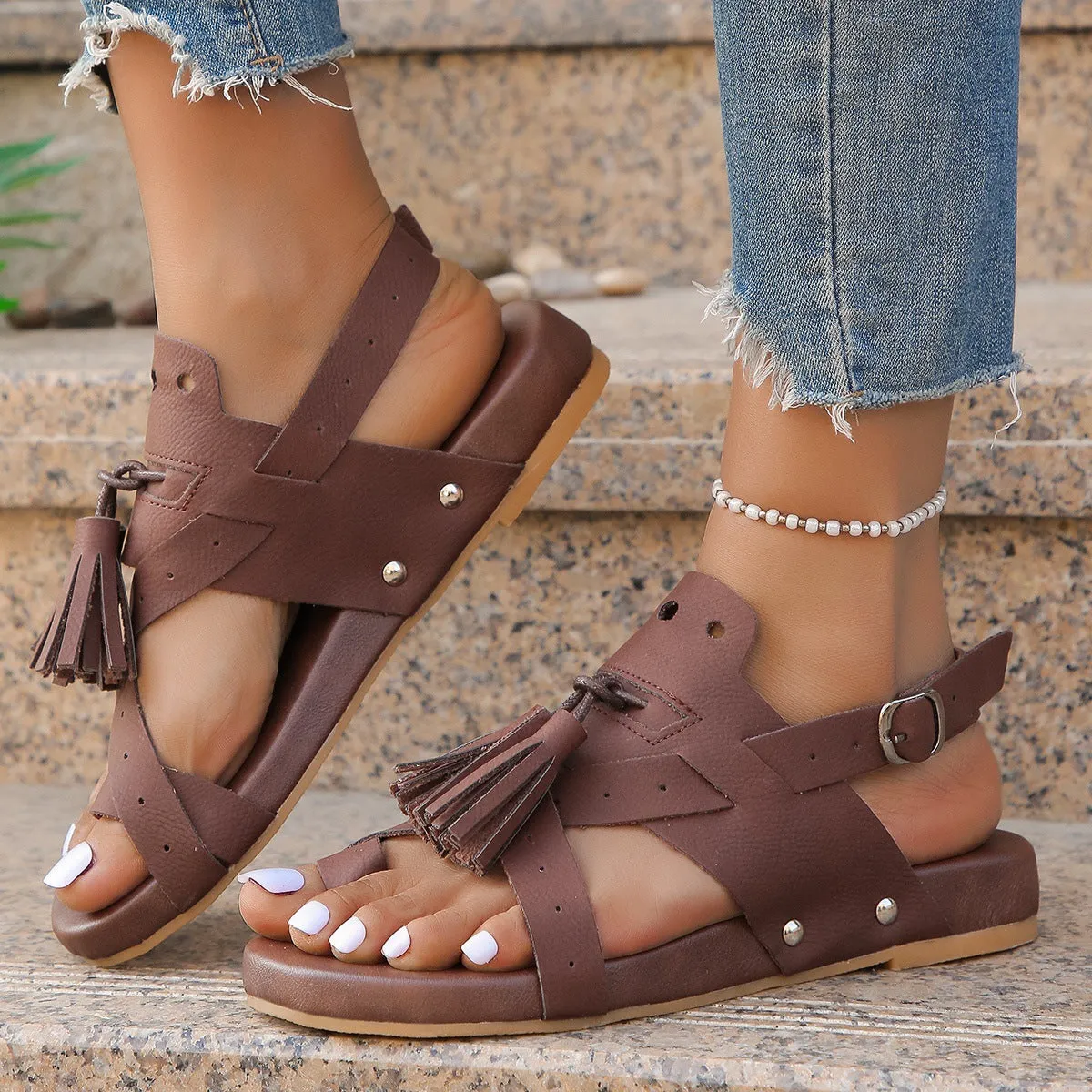 New Tassel Rivet Buckle Sandals Summer Casual Comfortable Bohemian Beach Shoes For Women