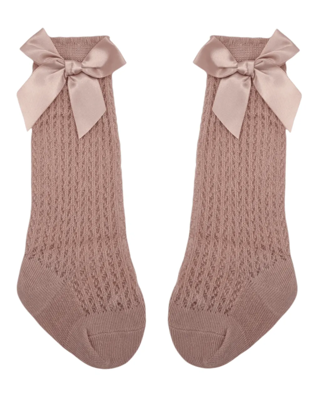 Primrose Pink Open Patterned Knee High Style Socks With Satin 3 Inch Bow