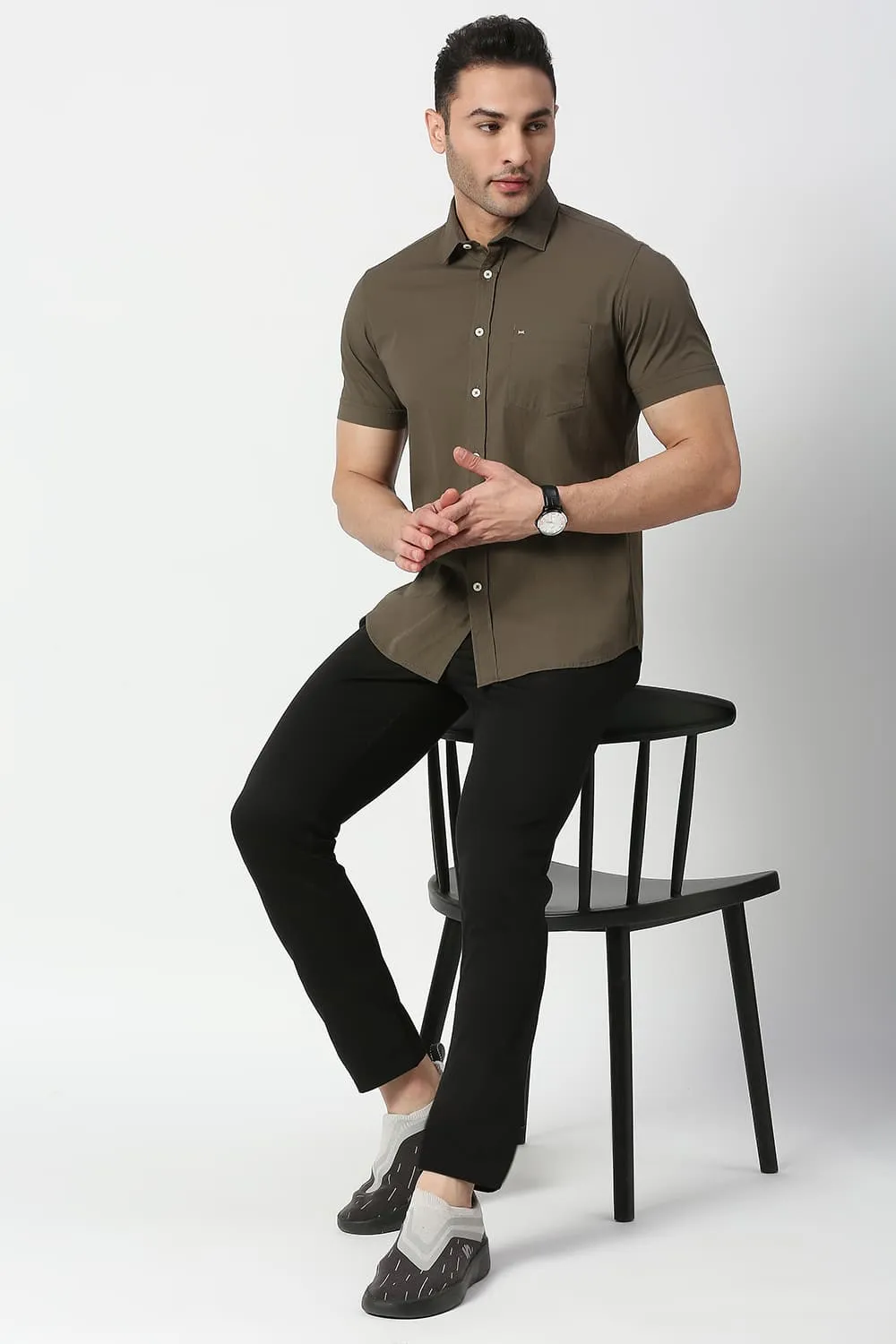 Slim Fit Cotton Poplin Stretch Halfsleeves Shirt