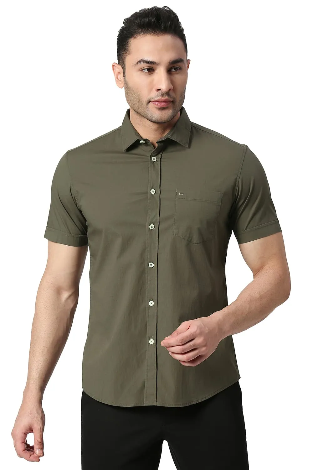 Slim Fit Cotton Poplin Stretch Halfsleeves Shirt